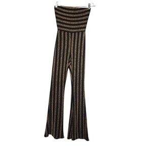 Fashion Nova Down And Counting Striped Gold & Black Strapless Jumpsuit XS